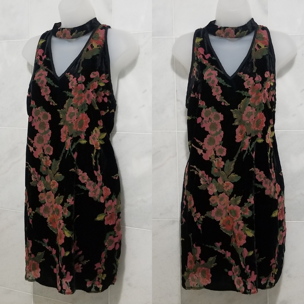 Band of Gypsies Black Floral Velvet Halter Dress with Pink and Green Print